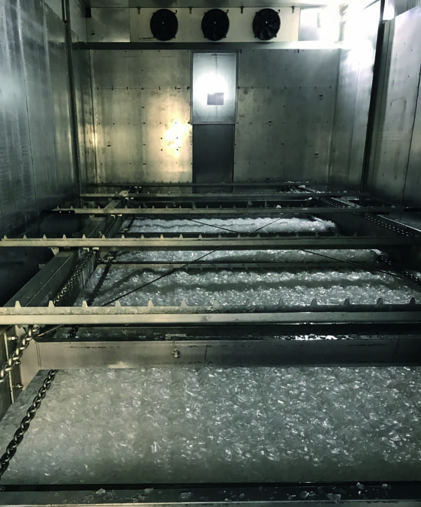 Interior view of an ice storage facility with slab ice.