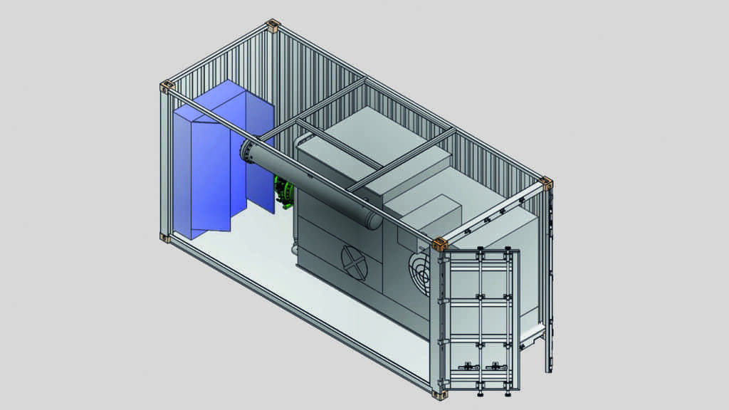 Illustration of a design of a single-stage refrigeration system with integrated evaporative condenser for cooling water.