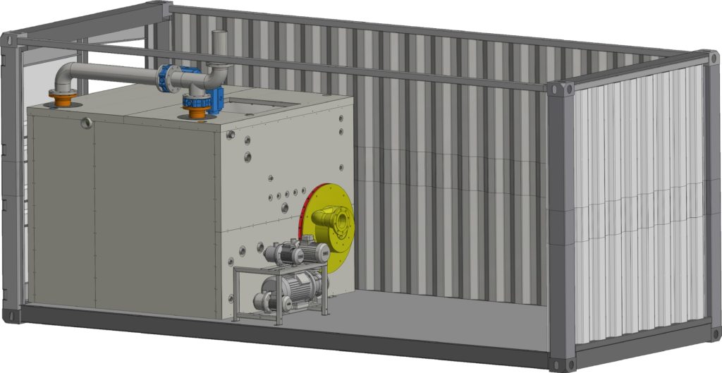 Illustration of the design of a TURBO plant for silo heating and hot water production with only one burner.