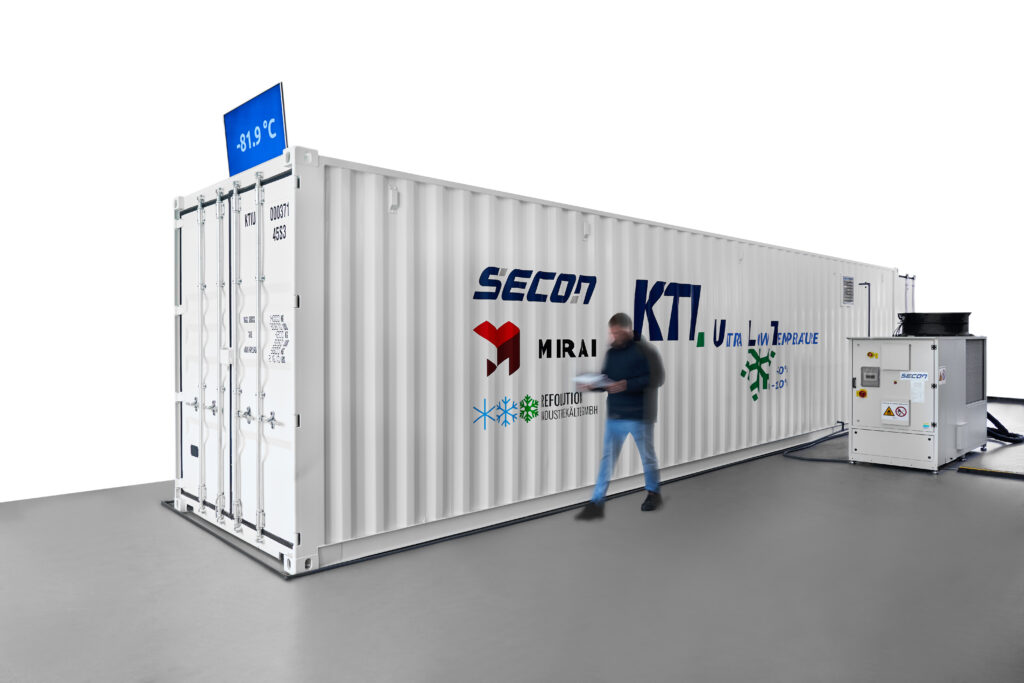 KTI CryoMed ultra-low temperature (ULT) cold storage in operation with recooling unit next to it.