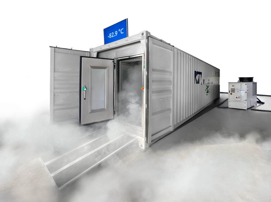 Ultra-low temperature cold storage with open door. Due to the high density of the extremely cold air, the mist falls down.